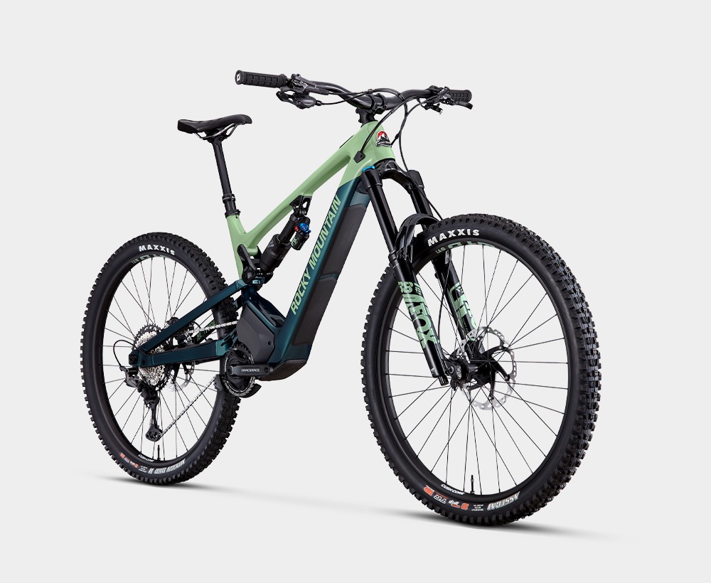 Rocky Mountain Powerplay bike green and blue on angle